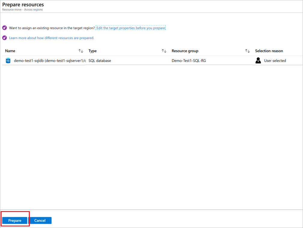 Screenshot displays button to prepare selected resources.