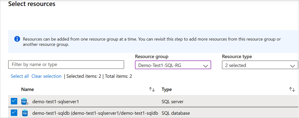 Screenshot displays page to select SQL resources to move.