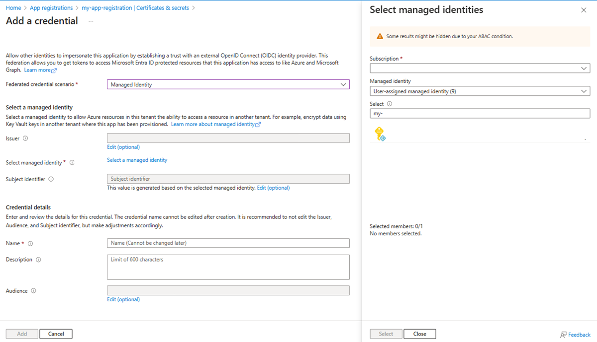 Captura de tela mostrando como selecionar uma identidade gerenciada.