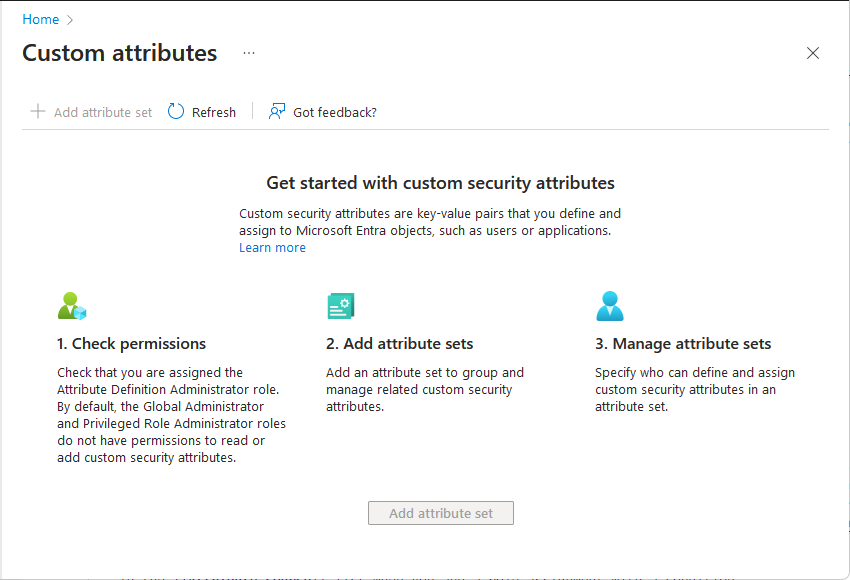 Captura de tela que mostra a página Primeiros passos com os atributos de segurança personalizados.