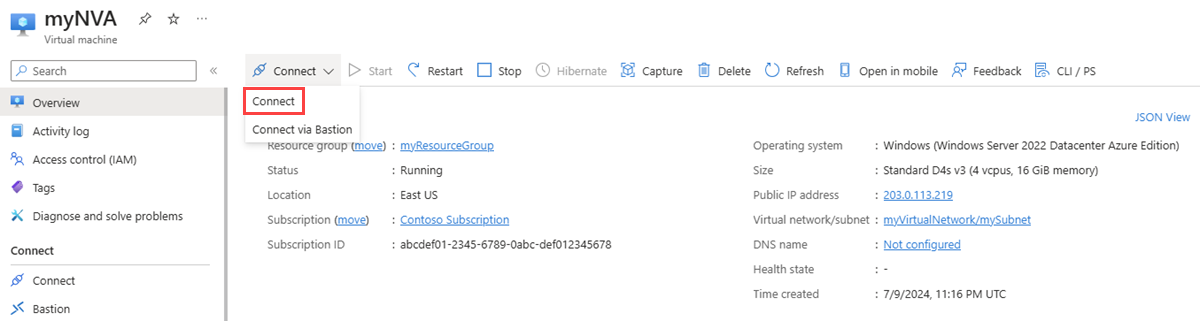 Captura de tela que mostra como se conectar a uma VM usando RDP no portal do Azure.
