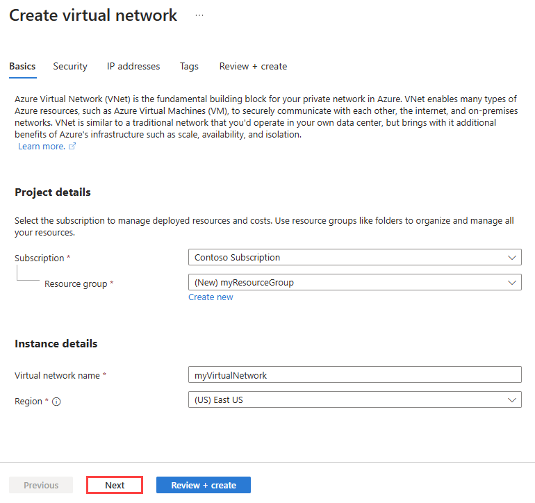 Captura de tela da guia Noções básicas da criação de uma rede virtual no portal do Azure.