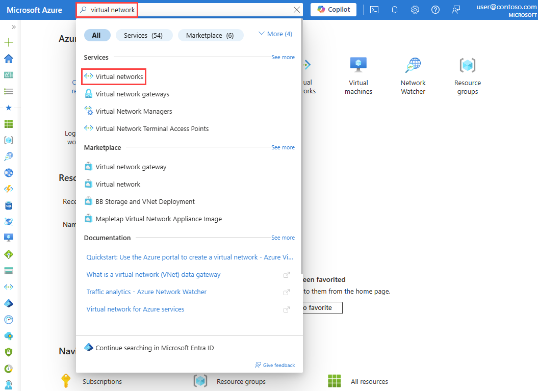 Captura de tela da pesquisa de redes virtuais no portal do Azure.