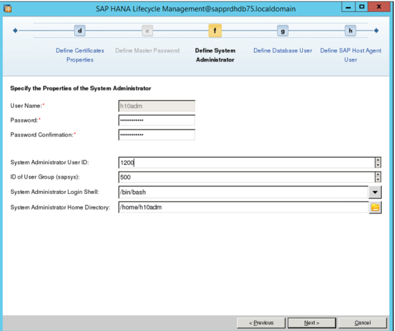 Captura de tela do Gerenciamento de ciclo de vida do SAP HANA, com campos do administrador do sistema para definir