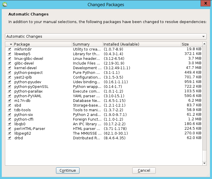 Captura de tela que mostra a caixa de diálogo Pacotes Alterados com pacotes alterados para resolver dependências.