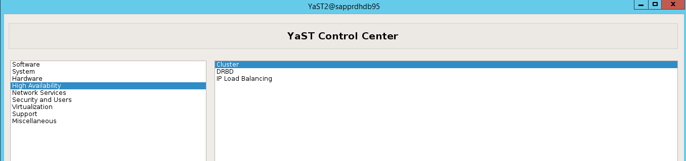Captura de tela que mostra o Centro de Controle YaST com Alta Disponibilidade e Cluster selecionados.