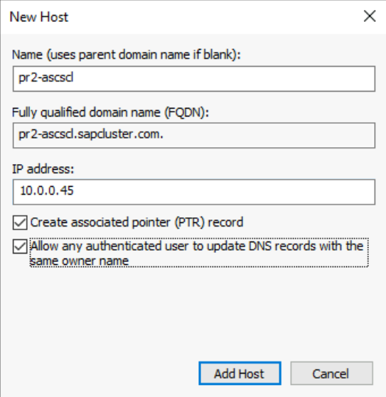 Screenshot that shows options for defining a DNS entry for the SAP ASCS/SCS cluster virtual name and IP address.