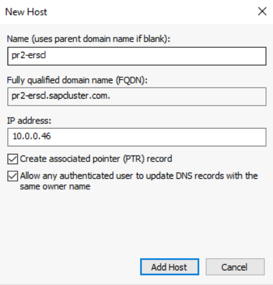 Screenshot that shows options for defining a DNS entry for the SAP ERS2 cluster virtual name and IP address.