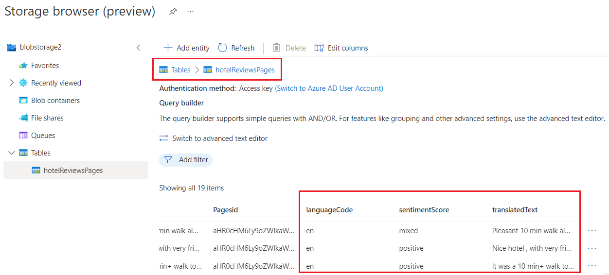 Screenshot das tabelas do repositório de conhecimento no Storage Browser