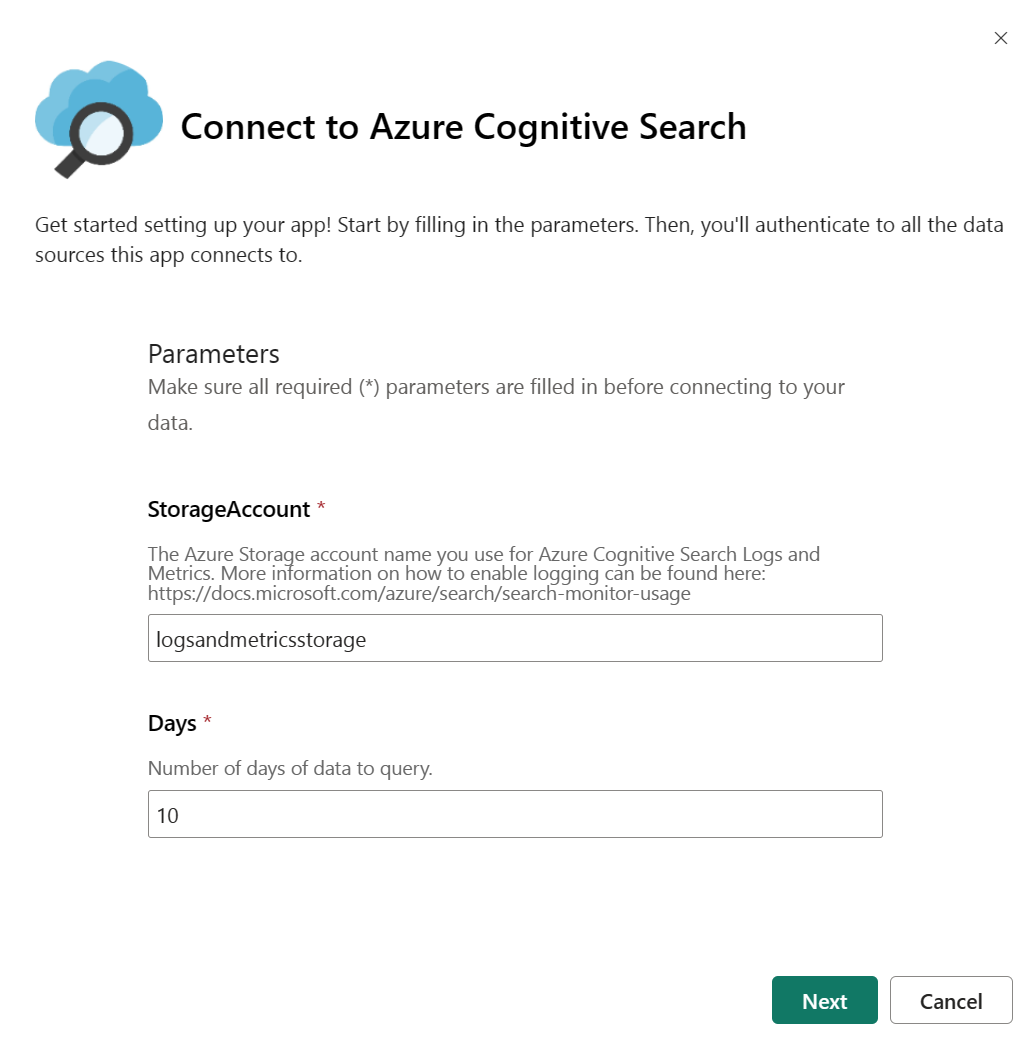Captura de tela que mostra como inserir o nome da conta de armazenamento e o número de dias a serem consultados na página Conectar ao Azure Cognitive Search.
