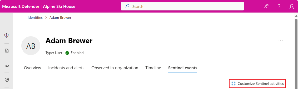 Captura de ecrã a mostrar o menu da página da entidade do Defender.