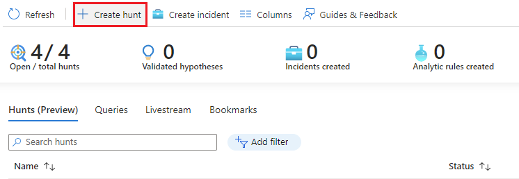 Captura de ecrã a mostrar o menu para criar uma caça em branco sem consultas pré-selecionadas.