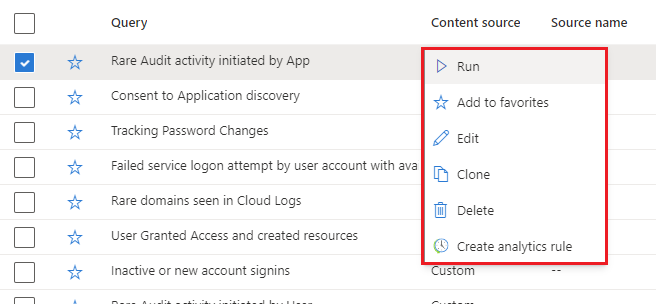 Captura de ecrã a mostrar as opções do menu de contexto do clique com o botão direito do rato no separador Consultas de uma caçada.