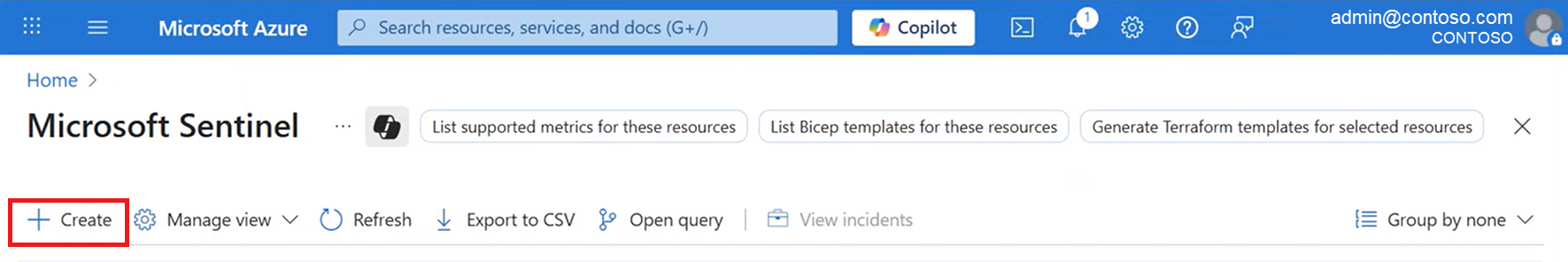 Captura de tela da seleção Criar para começar a criar um novo workspace do Log Analytics.