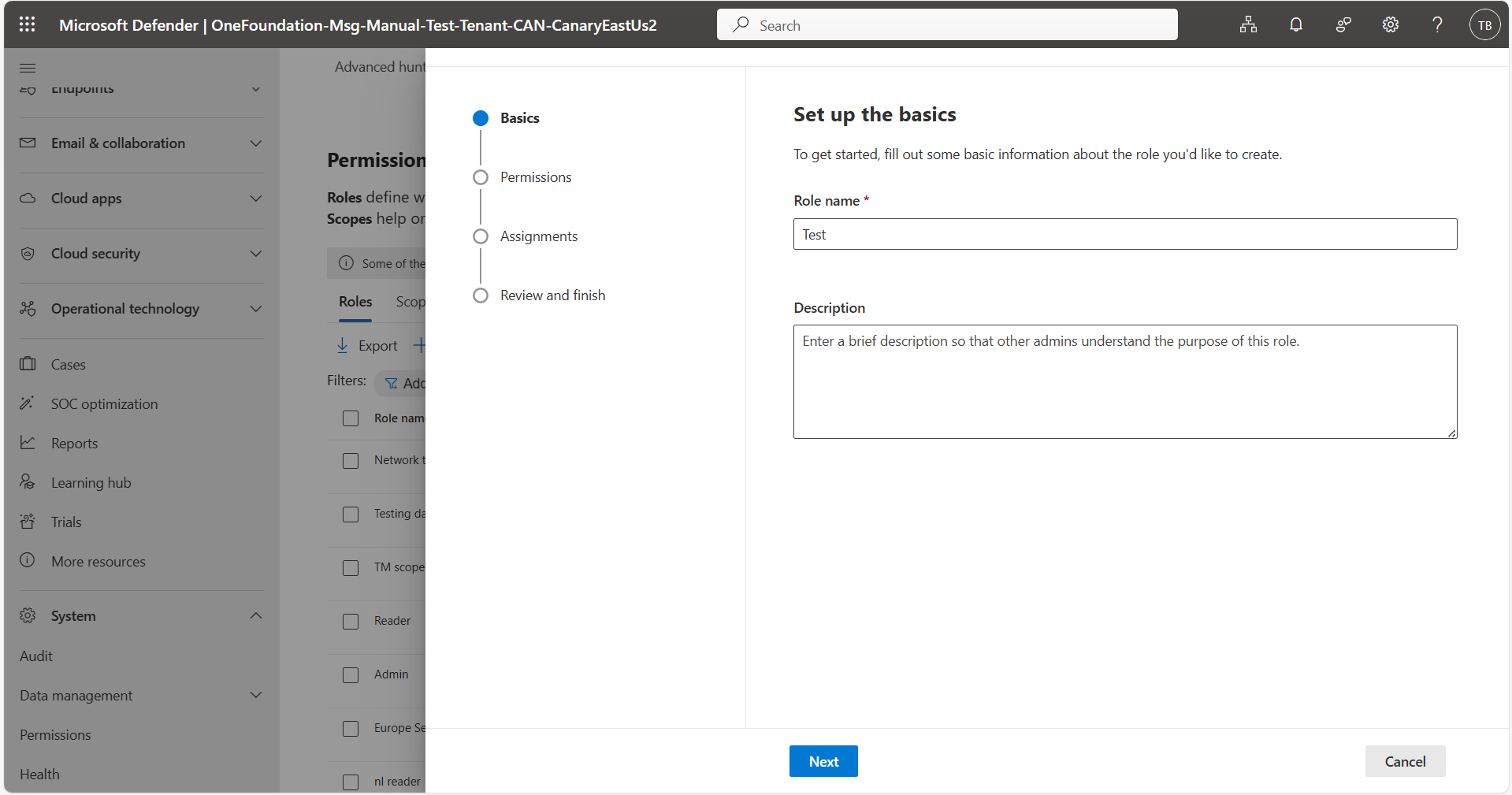 Captura de tela da caixa de diálogo para criar o nome e a descrição de uma função personalizada.