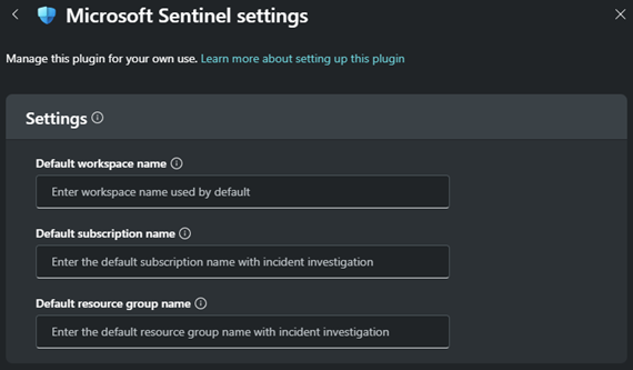 Captura de tela das opções de personalização do plugin do Microsoft Sentinel.