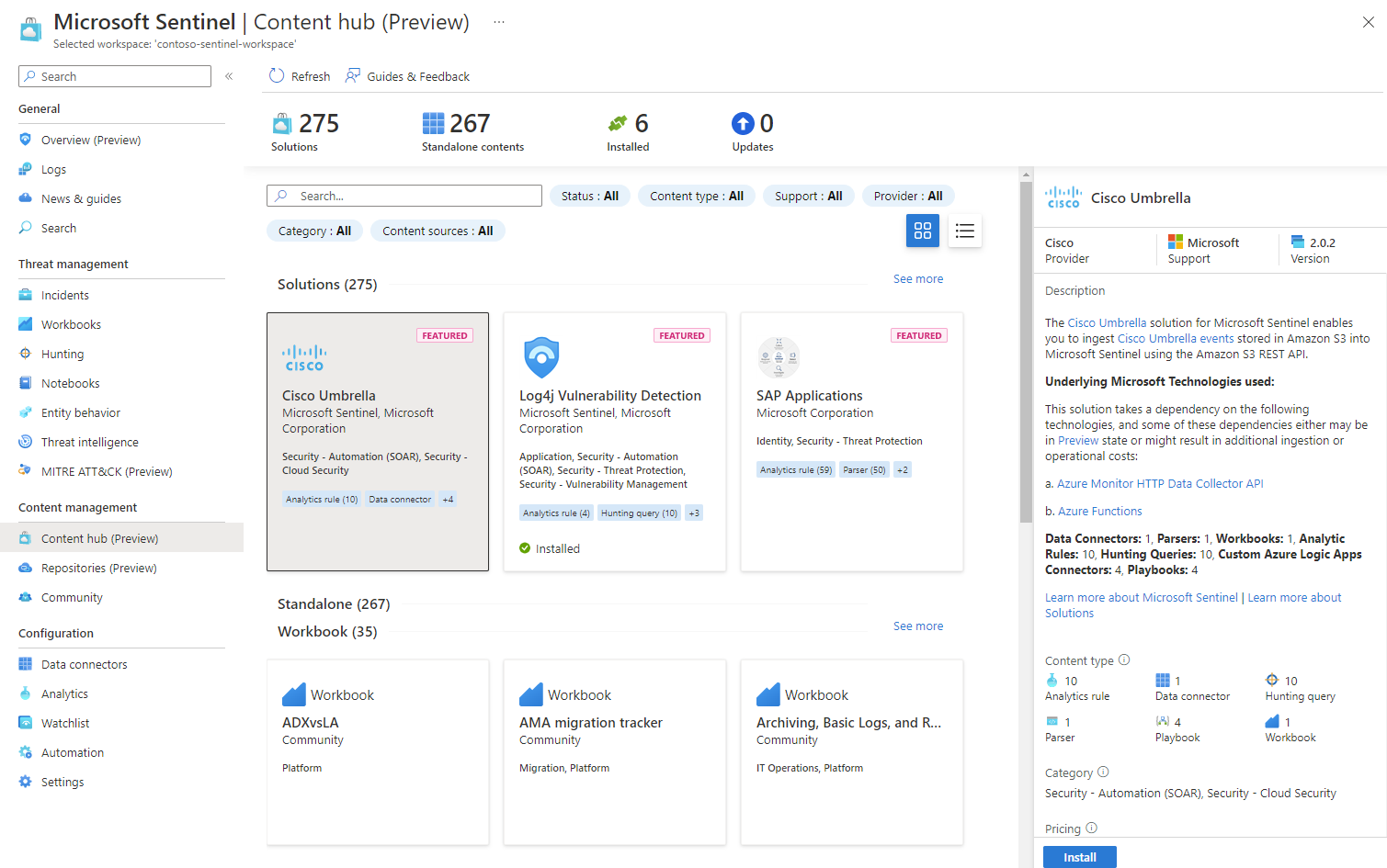 Captura de tela do hub de conteúdo do Microsoft Sentinel no portal do Azure.