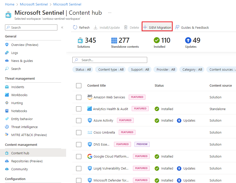 Captura de tela mostrando o hub de conteúdo com o item de menu para a experiência de migração do SIEM.