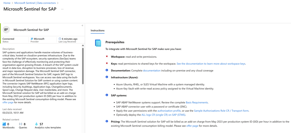 Captura de tela da página do conector de dados Microsoft Sentinel para SAP.