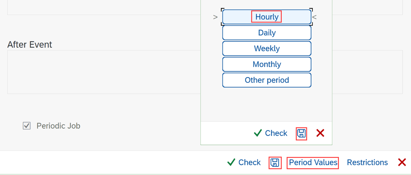 Captura de tela de como definir o trabalho usado para monitorar a tabela PAHI do SAP para ocorrer de hora em hora.
