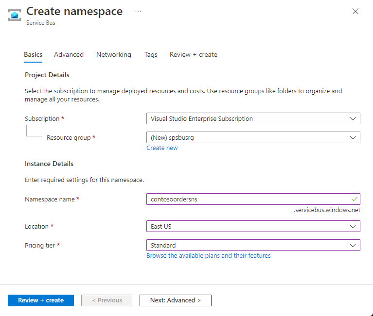 Image showing the Create a namespace page