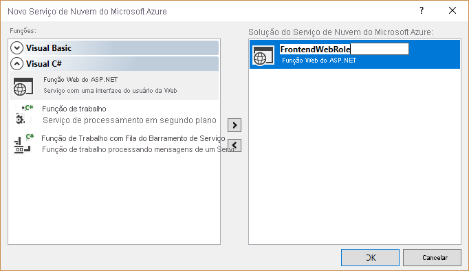 Screenshot of the New Microsoft Azure Cloud Service dialog box with the solution renamed to FrontendWebRole.