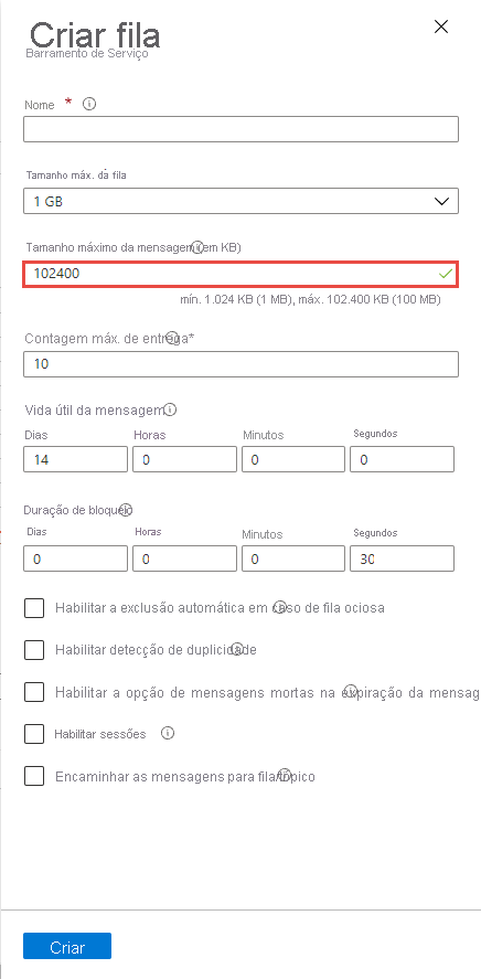 Captura de tela que mostra como habilitar o suporte a mensagens grandes para uma fila existente.