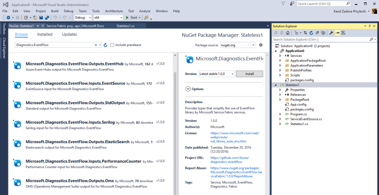 Pacotes do EventFlow NuGet no Gerenciador de pacotes do NuGet do Visual Studio da interface do usuário