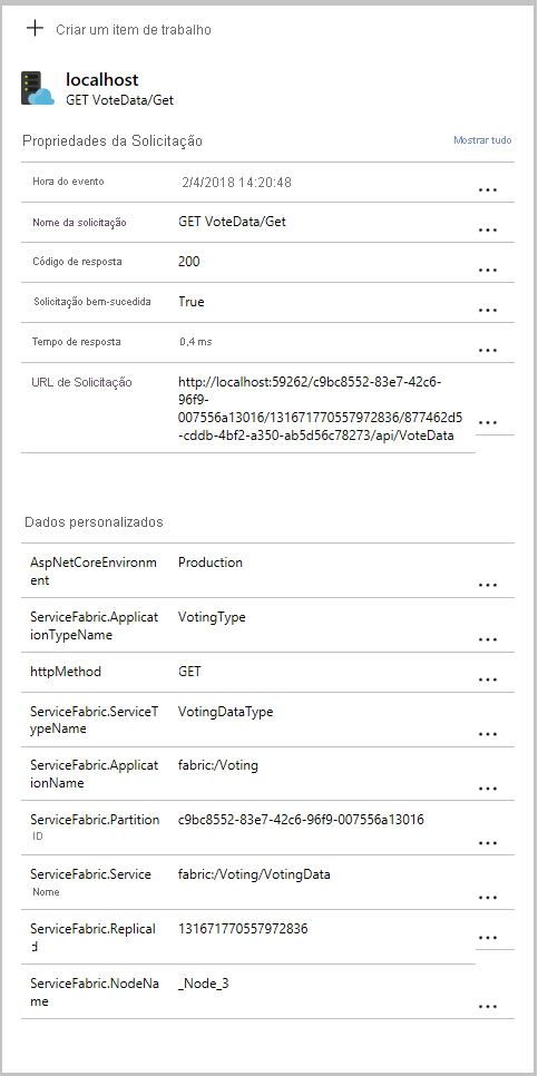 Captura de tela que mostra os detalhes adicionais, incluindo dados específicos do Service Fabric que são coletados no pacote NuGet do Service Fabric do Application Insights.