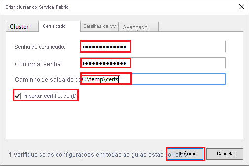 A captura de tela mostra a guia Certificado da caixa de diálogo Criar Cluster do Service Fabric.