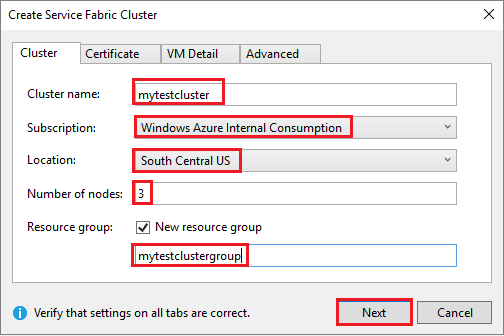 A captura de tela mostra a guia Cluster da caixa de diálogo Criar Cluster do Service Fabric.