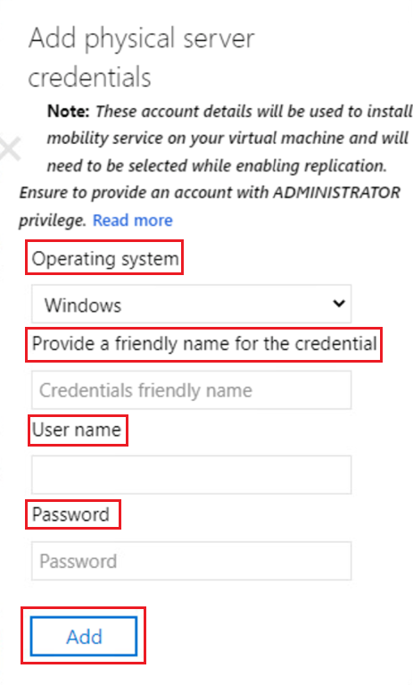 Captura de tela da opção Adicionar credenciais do servidor físico.