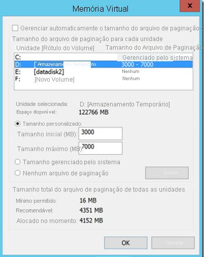 Configurações do arquivo de paginação na máquina virtual do Azure