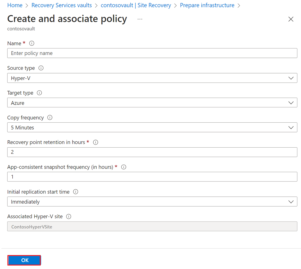 Captura de tela que mostra o painel Criar e associar política e opções.