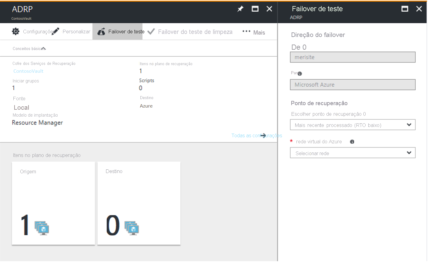 Captura de tela da página Failover de teste no portal do Azure.