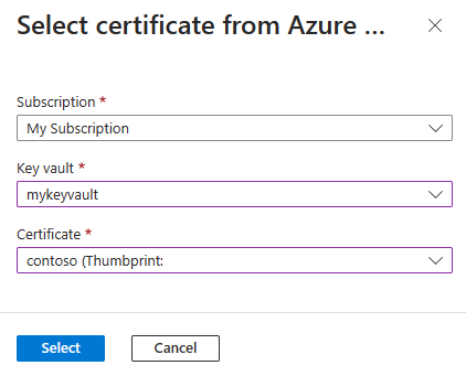 Captura de tela do portal do Azure mostrando a página Selecionar certificado do Azure.