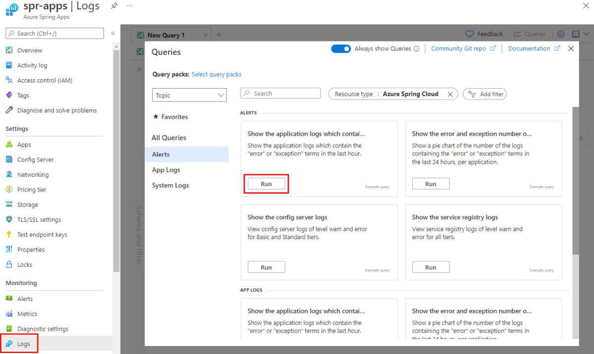 Captura de tela do portal do Azure que mostra o painel Logs com a página Consultas aberta e Executar realçada.