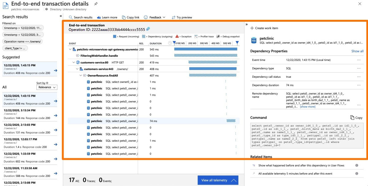 Captura de tela do portal do Azure que mostra a página Detalhes da transação de ponta a ponta.
