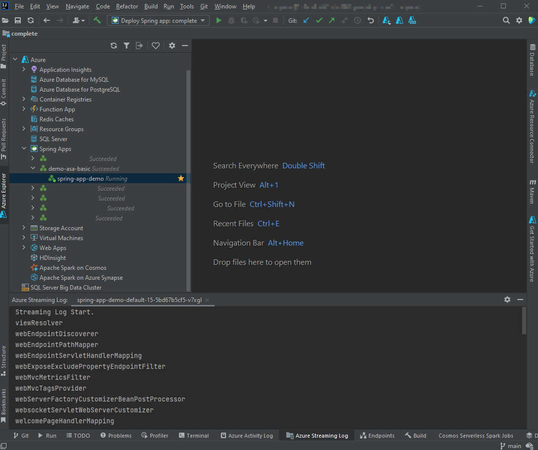 Captura de tela do IntelliJ que mostra o painel Log de Streaming do Azure.