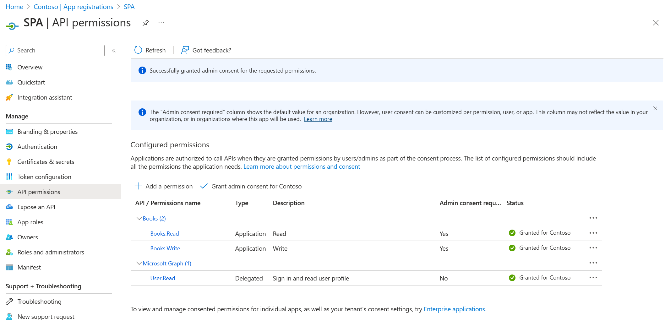 Captura de tela da página de permissões de API do SPA que mostra as permissões de API de um aplicativo Web.