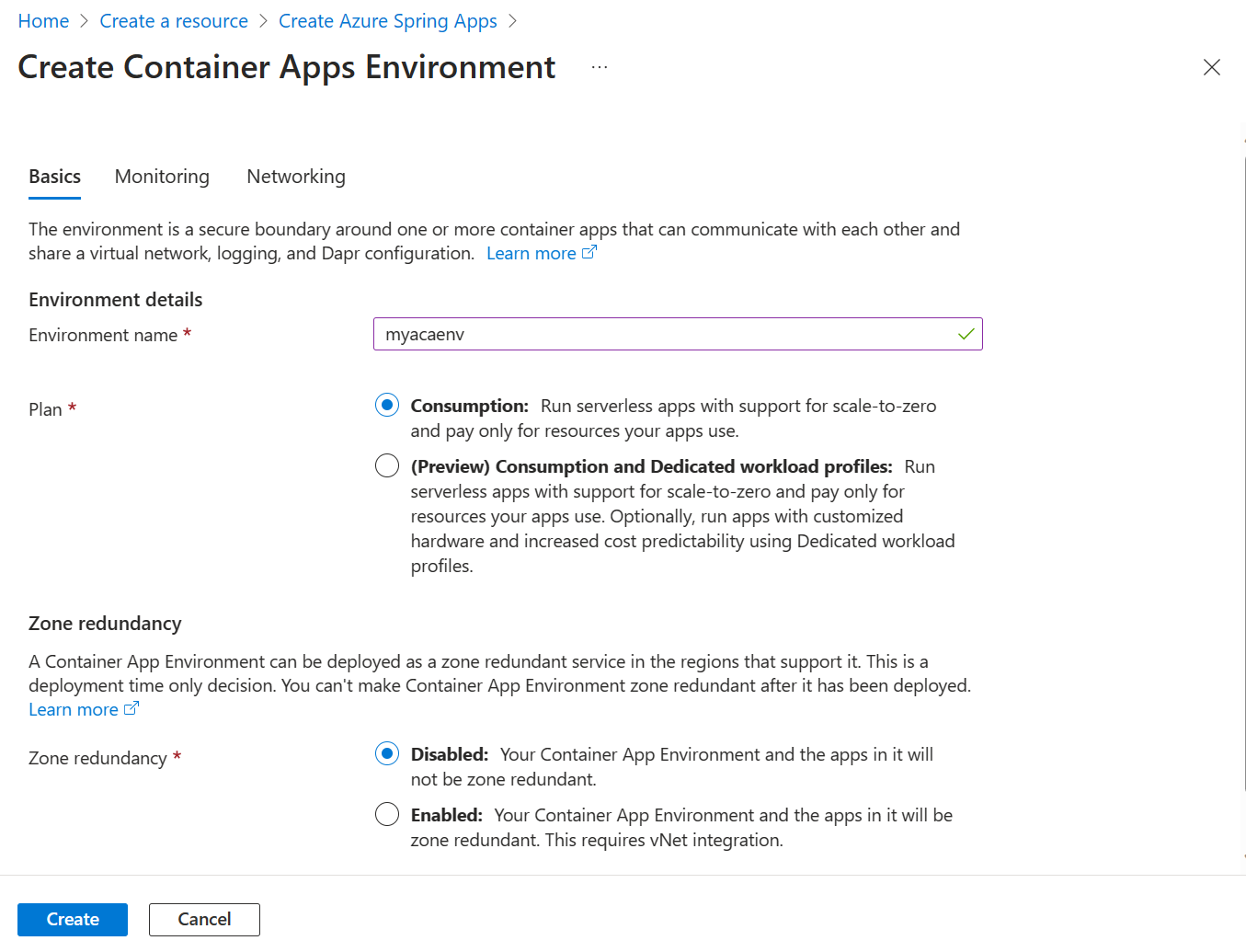 Captura de tela do portal do Azure que mostra a página Criar Aplicativos de Contêiner do Azure.