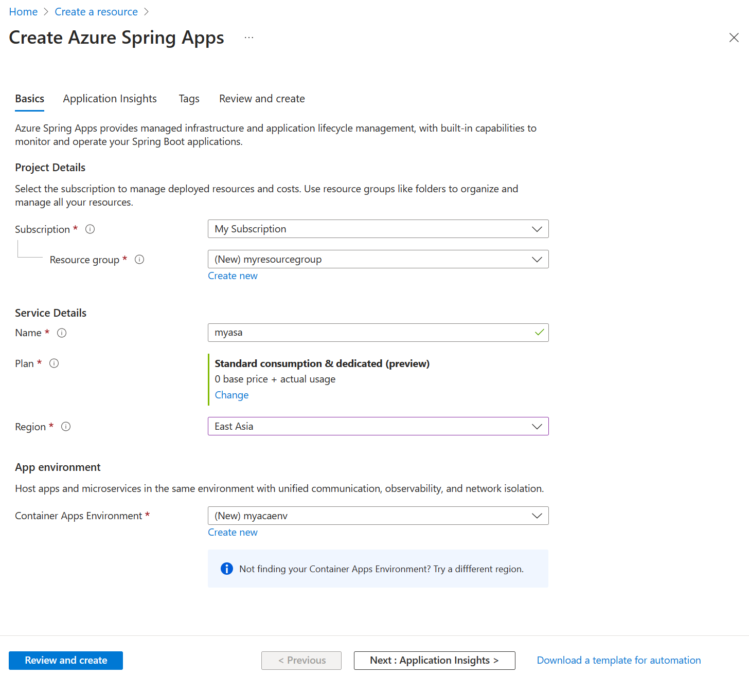 Captura de tela do portal do Azure que mostra a página do plano de consumo Criar Aplicativos Spring do Azure.