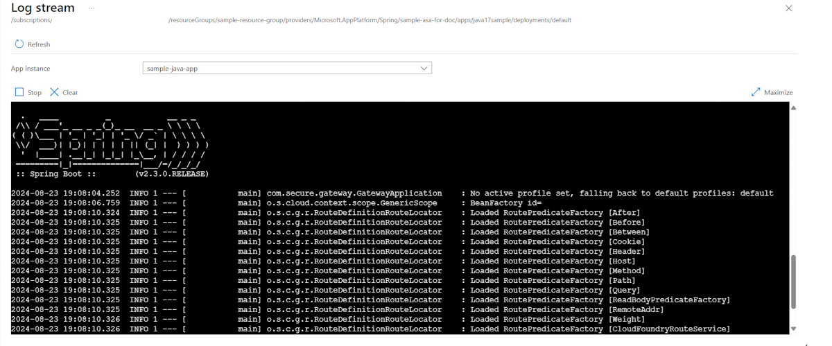 Captura de tela do portal do Azure que mostra a página Fluxo de logs.