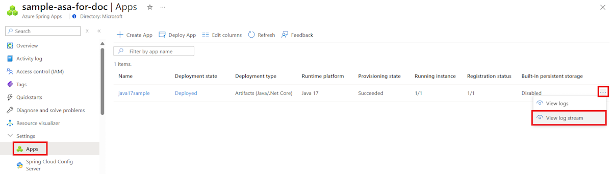 Captura de tela do portal do Azure que mostra a página Aplicativos com o item de menu de contexto Exibir fluxo de log destacado.