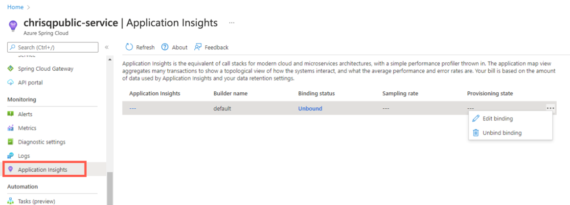 Screenshot of the Azure portal Azure that shows the Azure Spring Apps instance with the Application Insights page and the 'Edit binding' option.
