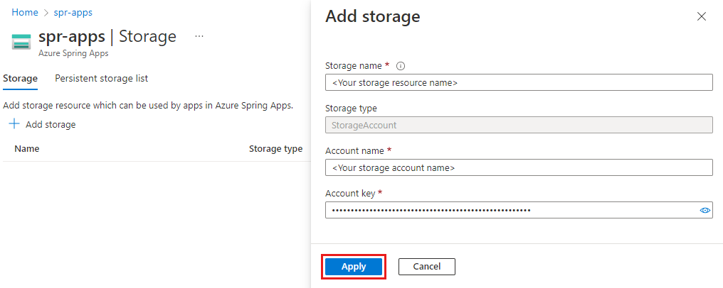 Captura de tela do portal do Azure mostrando a página Adicionar armazenamento.