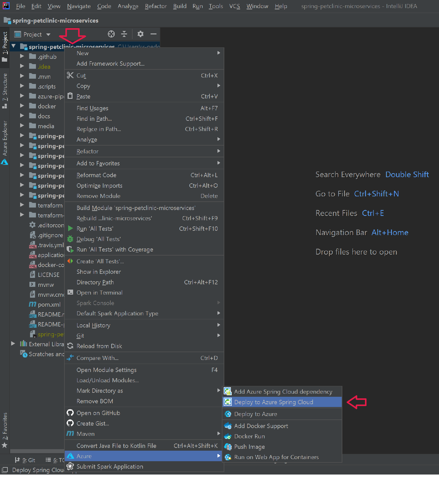 Captura de tela do gerenciador de projetos do IntelliJ que mostra a opção de menu Implantar no Aplicativos Spring do Azure.