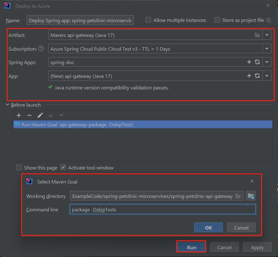 Captura de tela da caixa de diálogo Implantar o IntelliJ no Azure com a seção Selecionar Meta do Maven realçada.