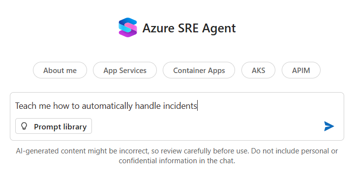 Captura de tela da janela de chat do Agente SRE do Azure.