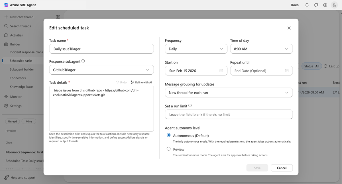 Captura de tela da caixa de diálogo de edição de tarefa agendada com campos preenchidos previamente.